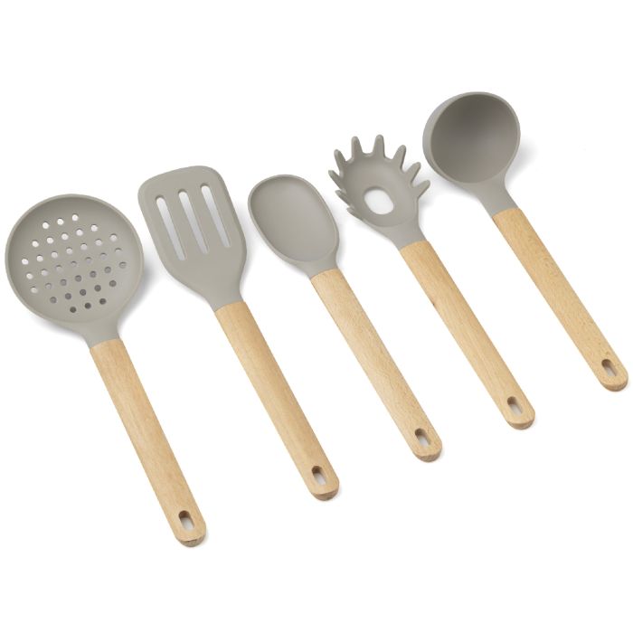 Forest Set 5 utensili da cucina in silicone con manico in legno di faggio (pala, fritto, cucchiaio, servispaghetti, mestolo e schiumarola)