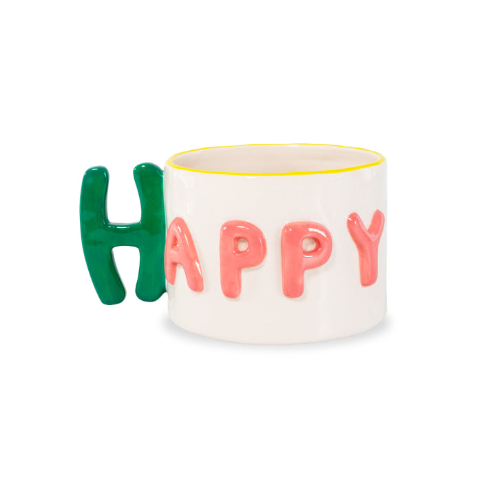 Tazza colazione in stoneware. Capacità 440 ml. Decoro happy.
