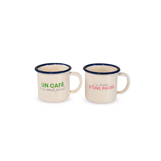 Set 2 tazzine in latta smaltata. Capacità 150 ml. Decori pausa.
