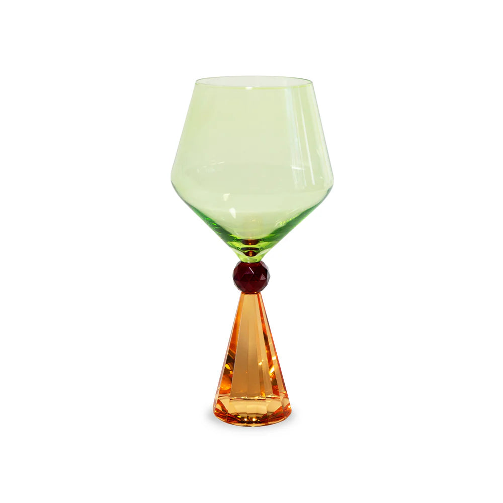 Calice per gin tonic in vetro con base effetto diamante. Colore arancione e verde.