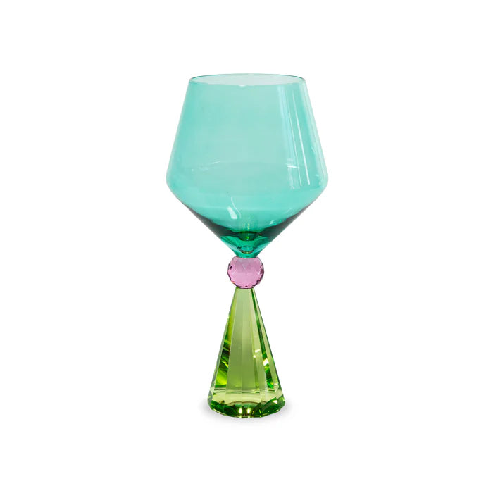 Calice per gin tonic in vetro con base effetto diamante. Colore verde e azzurro.
