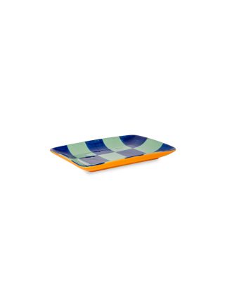 Piattino in stoneware. Versione scacchi blu e verdi.