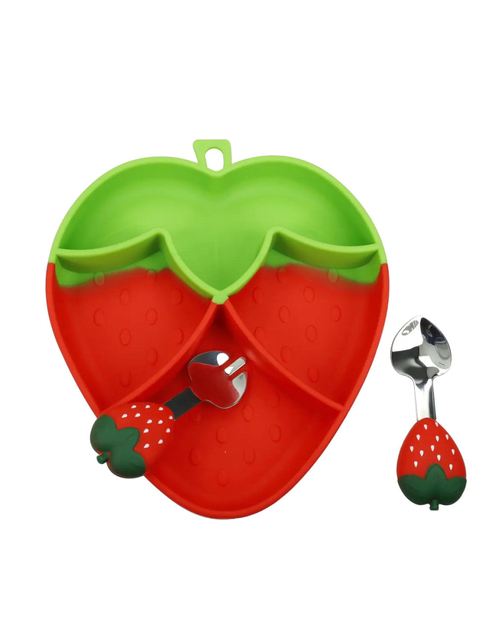 SET PAPPA FRAGOLA SILICONE C/FORCHETTA E CUCCHIAIO INOX
