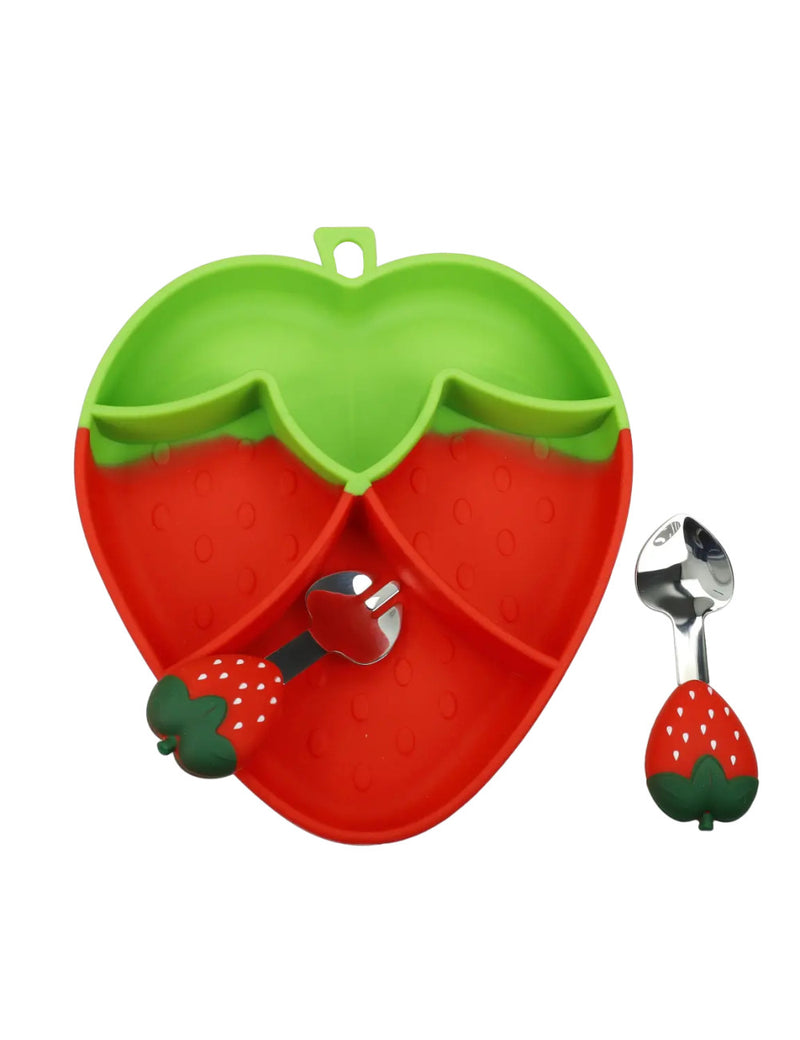 SET PAPPA FRAGOLA SILICONE C/FORCHETTA E CUCCHIAIO INOX