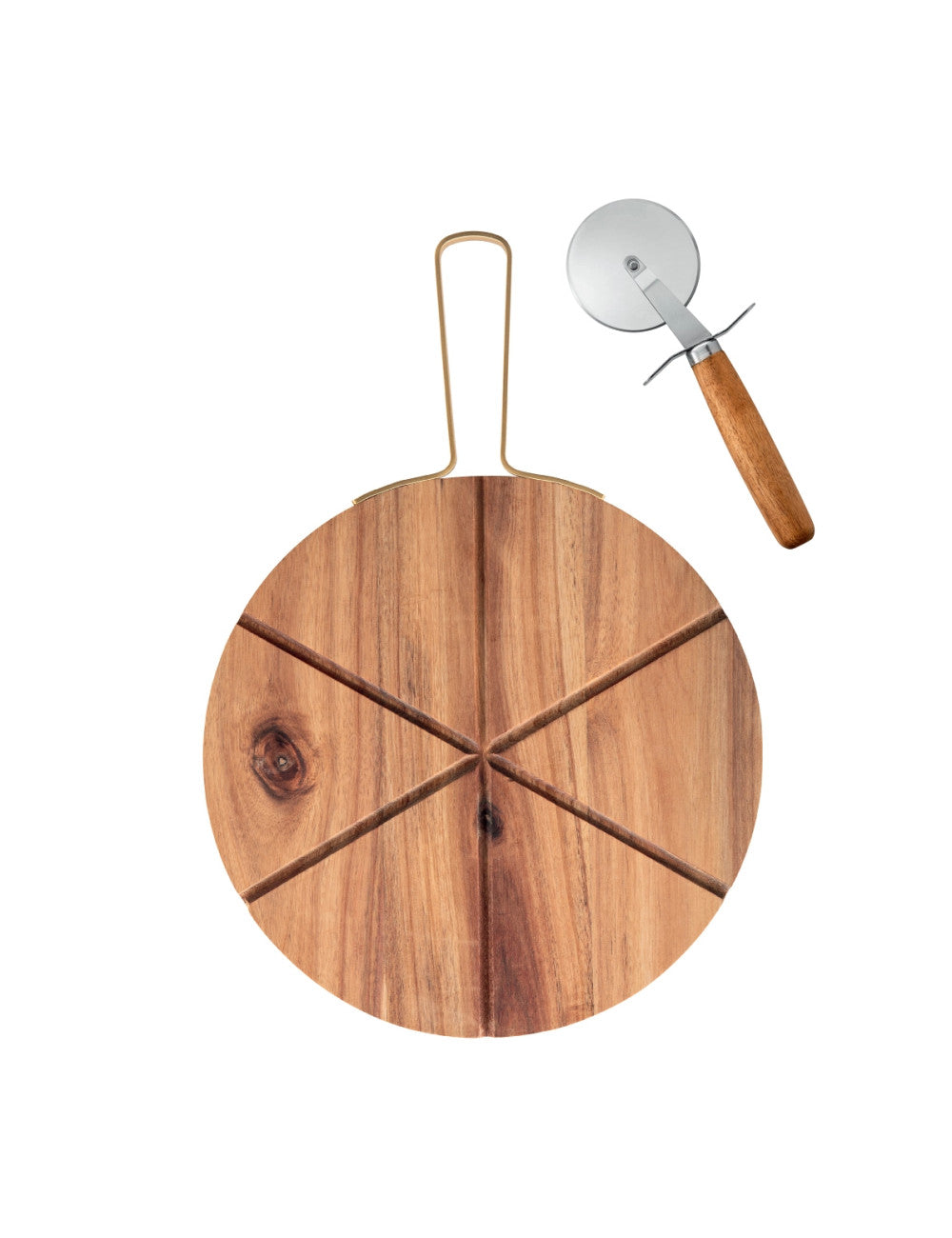 TAGLIERE PIZZA ACACIA C/MANICO INOX C/ROTELLA TAGLIA PIZZA INOX