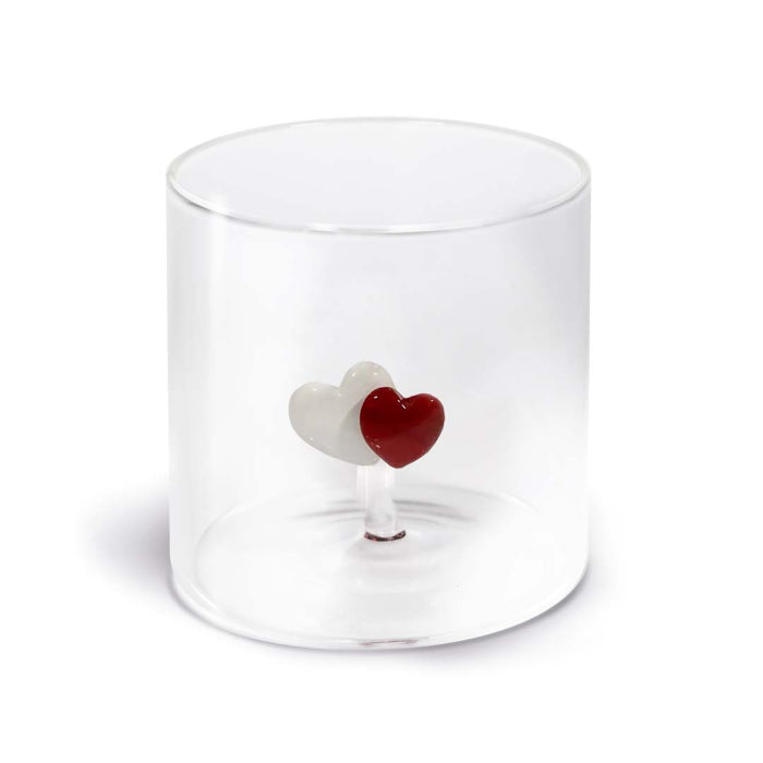 Bicchiere in vetro borosilicato con soggetto in vetro colorato all'interno figura Cuori