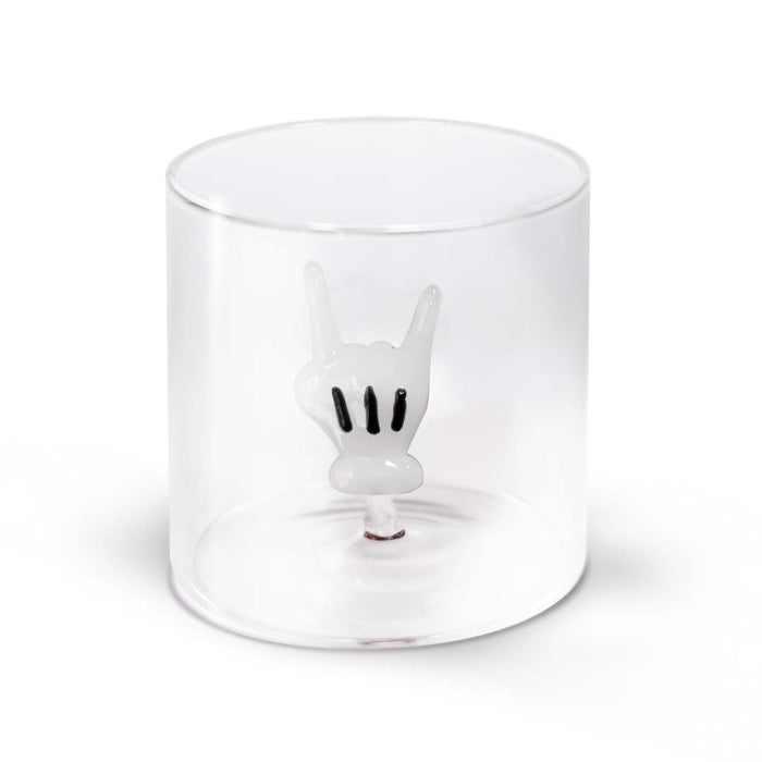 Bicchiere in vetro borosilicato con soggetto in vetro colorato all'interno figura Mano