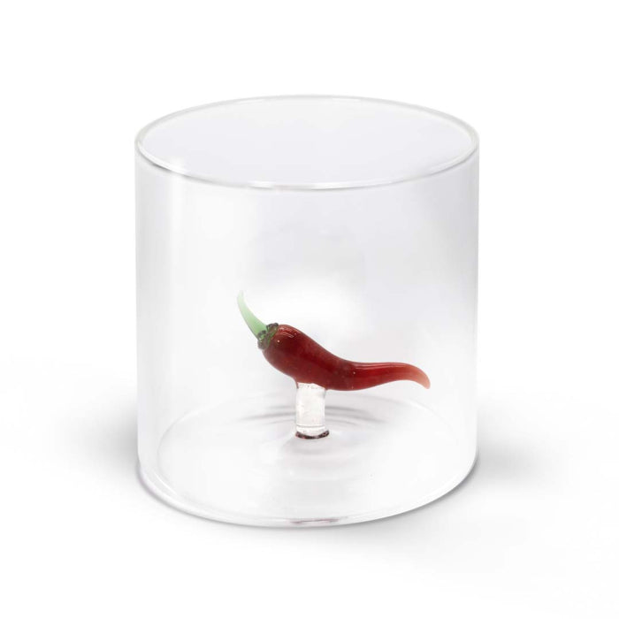 Bicchiere in vetro borosilicato con soggetto in vetro colorato all'interno figura Peperoncino