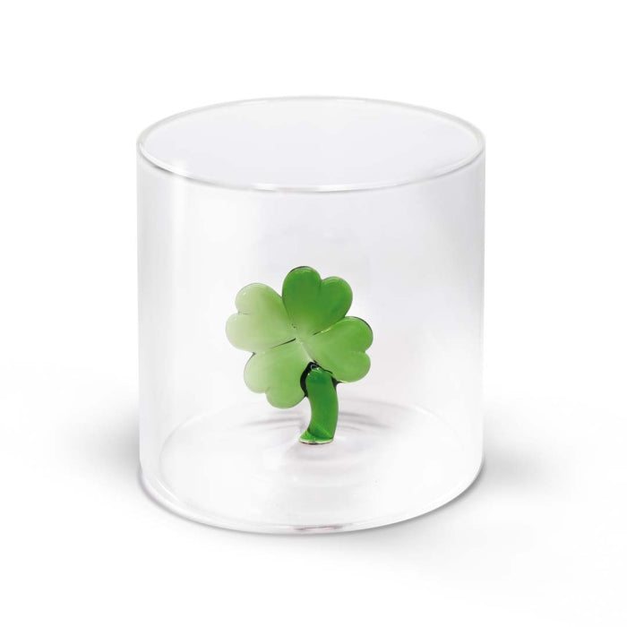 Bicchiere in vetro borosilicato con soggetto in vetro colorato all'interno figura Quadrifoglio