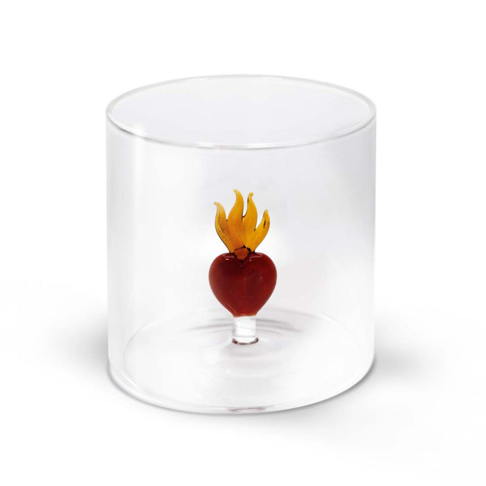 Bicchiere in vetro borosilicato con soggetto in vetro colorato all'interno figura Cuore Sacro