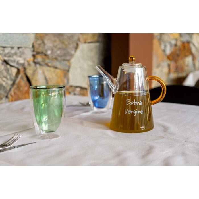 Oliera in vetro borosilicato trasparente, manico giallo e scritta decoratiova Extra Vergine