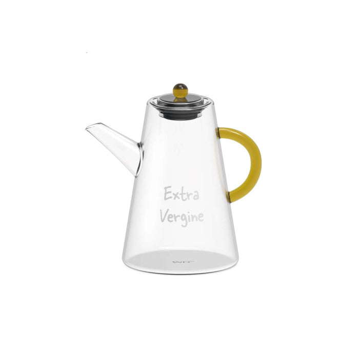 Oliera in vetro borosilicato trasparente, manico giallo e scritta decoratiova Extra Vergine