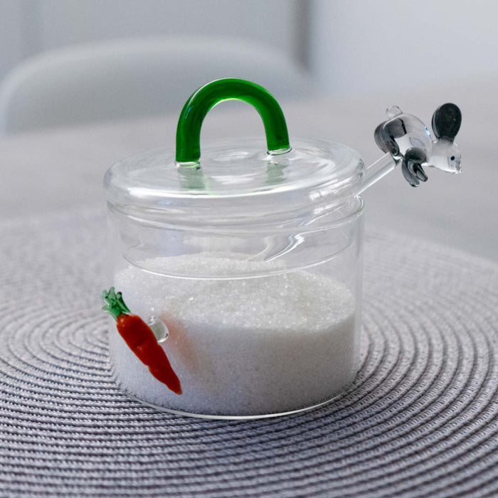 Zuccheriera in vetro con cucchiaino e decori in vetro colorato con figura Coniglio