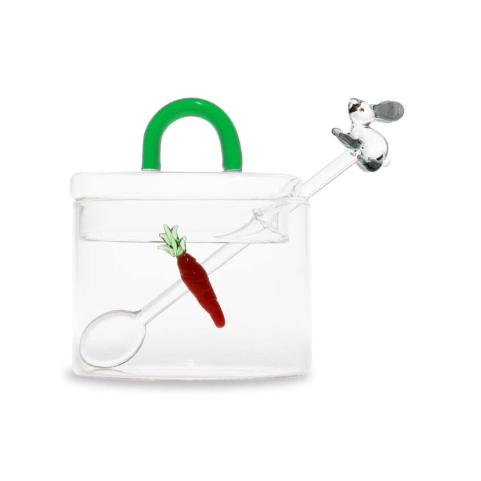 Zuccheriera in vetro con cucchiaino e decori in vetro colorato con figura Coniglio