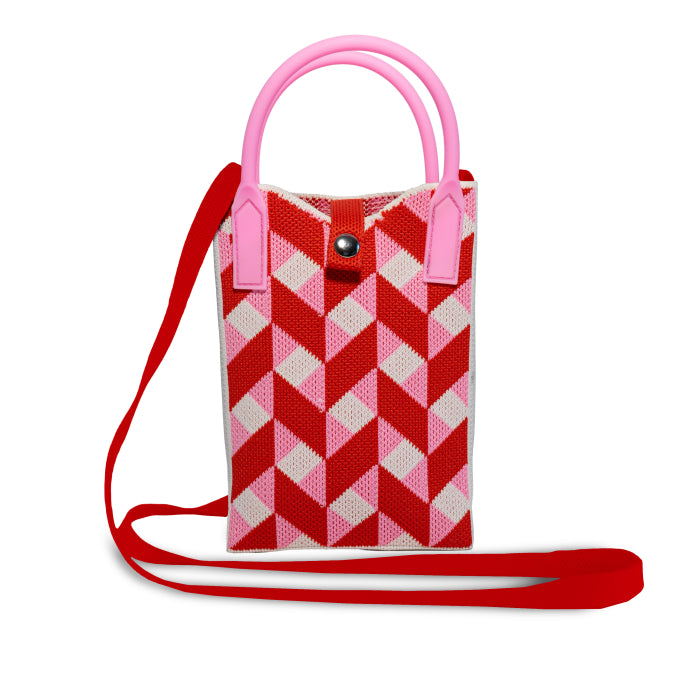 Portacellulare lavorato a maglia. Decorazione geometrica