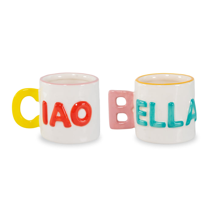 Set 2 tazzine caffè in stoneware. Capacità 100 ml. Decoro ciao bella.