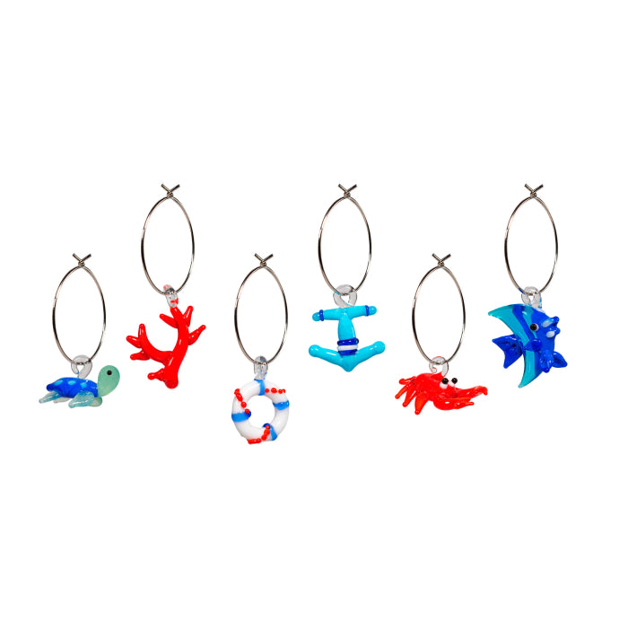 Set 6 anellini segnaposto con decoro in vetro colorato. Decorazione animali marini.